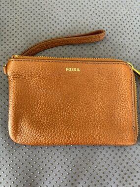 Fossil Pebbled Leather Wristlet in Tan Brown with Gold Accents